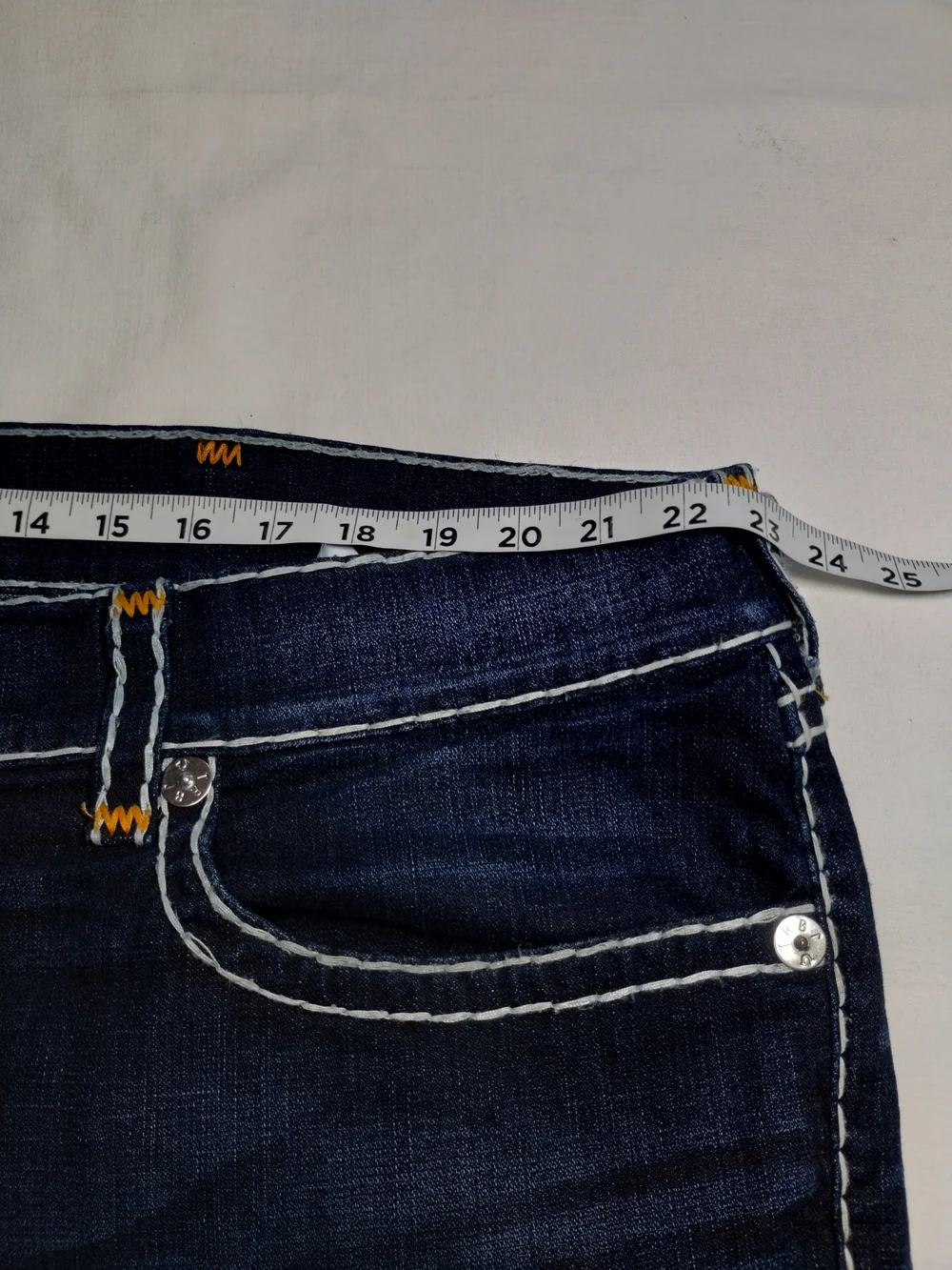 True Religion Dark Blue Denim Cutoff Shorts with Contrast Stitching